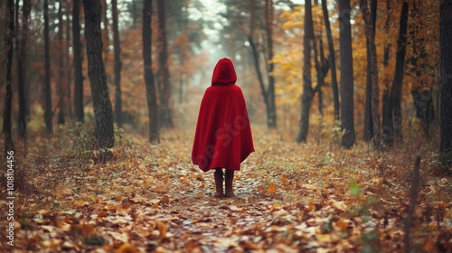 Red cloak figure in autumn forest, serene atmosphere