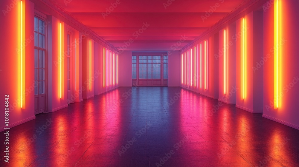 Vibrant Neon Lights in a Modern Hallway Interior Vibrant Neon Lights in a Modern Hallway Interior