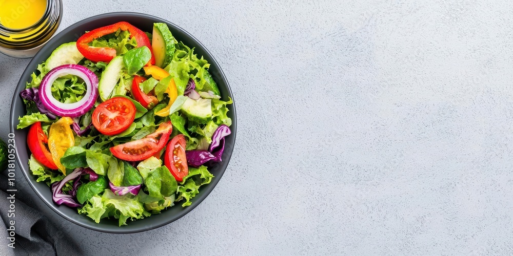Fresh salad in a bowl with assorted vegetables on a gray background. Fresh salad in a bowl with assorted vegetables on a gray background.