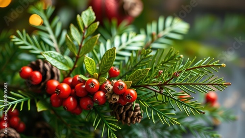 Lush Green Branch with Leaves, Berries, and Pine Cones for Nature and Holiday Decor