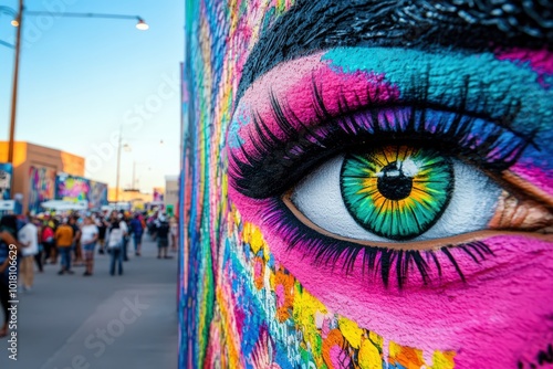 A colorful and vivid eye mural painted on a wall amidst an urban street filled with people, capturing attention and highlighting creativity and artistic expression. photo