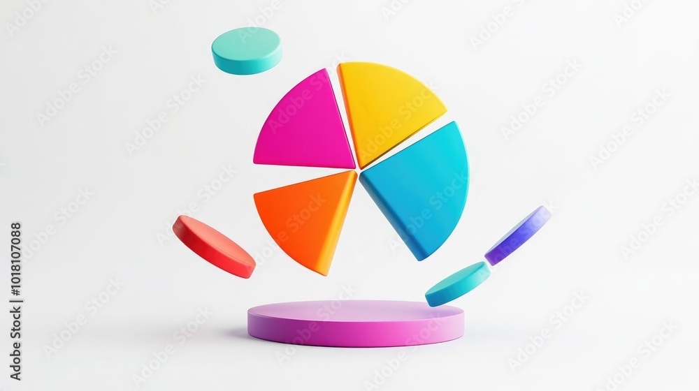3D pie chart with vibrant segments floating in mid-air, set against a white minimalist background 3D pie chart with vibrant segments floating in mid-air, set against a white minimalist background