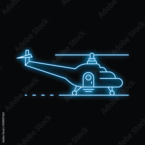 Blue neon sign of a helicopter landing on a landing strip at night