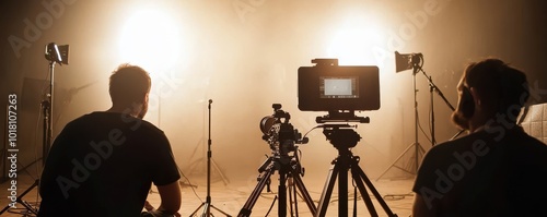 Filmmakers setting up equipment in a studio with bright lighting. photo