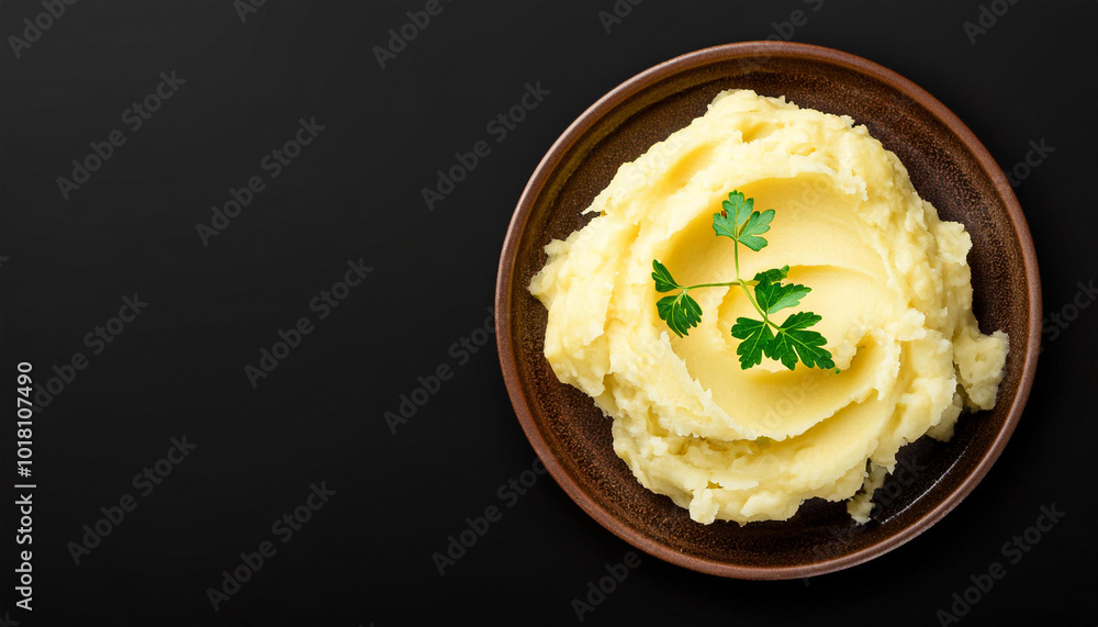 Mashed potatoes in a brown plate on a black background. Restaurant or cafe menu concept. Long banner format. Top view with copy space. Mashed potatoes in a brown plate on a black background. Restaurant or cafe menu concept. Long banner format. Top view with copy space.