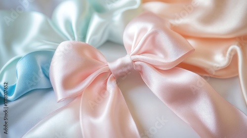 A close-up of a beautifully tied satin bow in soft pastel colors, adorning a gift box with a delicate ribbon.