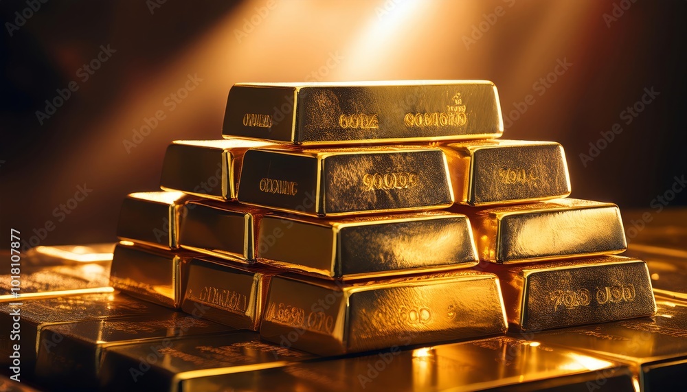 A stack of shiny gold bars illuminated by warm, golden light. The bars are neatly arranged, showcasing their stamped markings. The image exudes wealth, luxury, and value in a rich, dramatic setting A stack of shiny gold bars illuminated by warm, golden light. The bars are neatly arranged, showcasing their stamped markings. The image exudes wealth, luxury, and value in a rich, dramatic setting