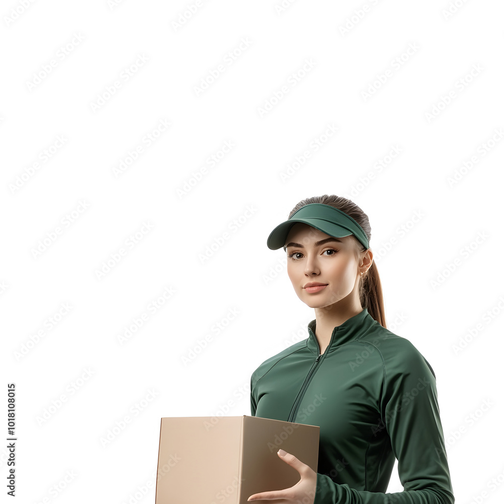 Athletic Woman in Green Sportswear Holding Delivery Box on White Background Athletic Woman in Green Sportswear Holding Delivery Box on White Background