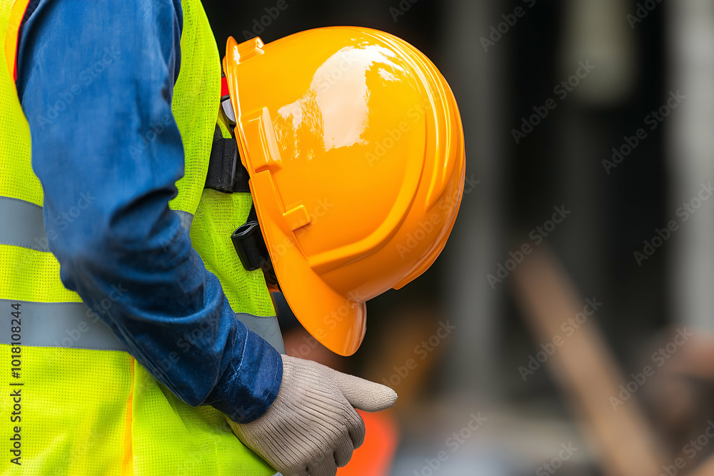 Confident construction worker in safety gear holding hard hat at busy site, focused on tasks for safety and efficiency. Hub of activity with workers and equipment in background Confident construction worker in safety gear holding hard hat at busy site, focused on tasks for safety and efficiency. Hub of activity with workers and equipment in background