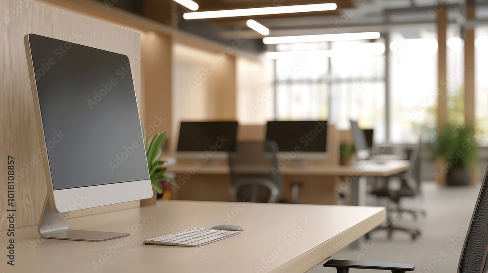 Softly Blurred Modern Office Space Reveals Open Layout with Sleek Desks and Computers. Contemporary Workplace Design. Interior of Trendy Open-plan Office. Minimalist Furniture and Technology. Softly Blurred Modern Office Space Reveals Open Layout with Sleek Desks and Computers. Contemporary Workplace Design. Interior of Trendy Open-plan Office. Minimalist Furniture and Technology.