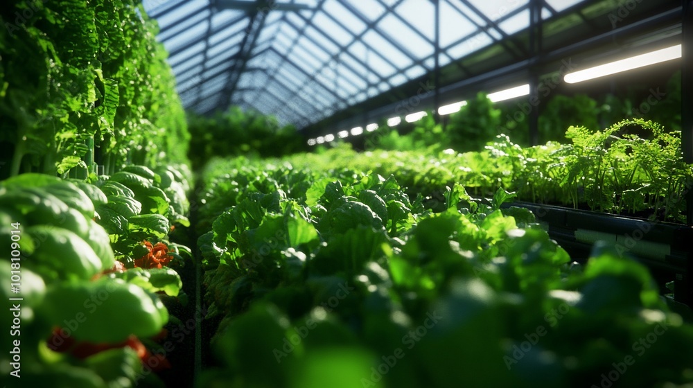 Rows of lush green plants growing inside a modern greenhouse. Rows of lush green plants growing inside a modern greenhouse.