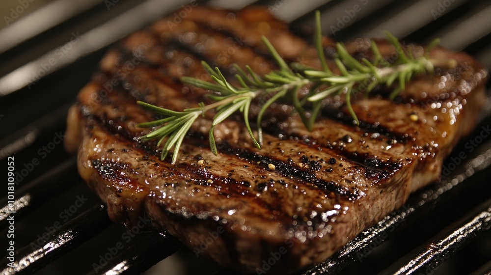 A close-up of a perfectly grilled medium-rare steak, showing the juicy, tender meat with charred grill marks and a sprig of rosemary on top. A close-up of a perfectly grilled medium-rare steak, showing the juicy, tender meat with charred grill marks and a sprig of rosemary on top.