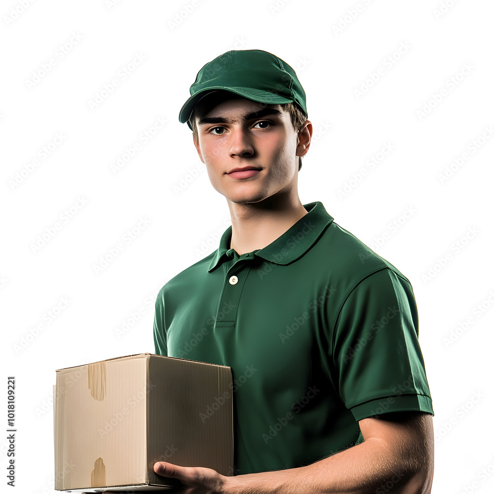 Young Handsome Man in Green Uniform Holding Cardboard Box on White Background Young Handsome Man in Green Uniform Holding Cardboard Box on White Background