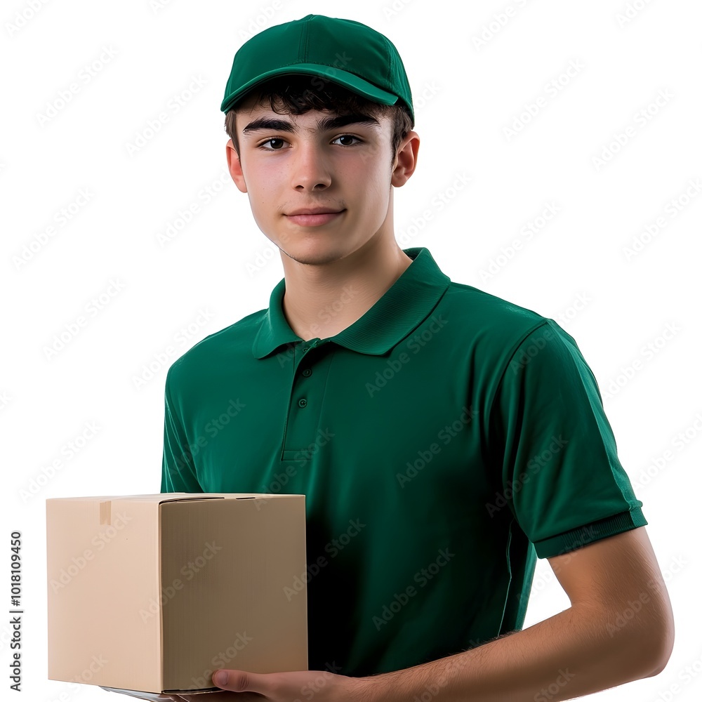 Friendly Delivery Man in Green Uniform Holding Cardboard Box on White Background Friendly Delivery Man in Green Uniform Holding Cardboard Box on White Background