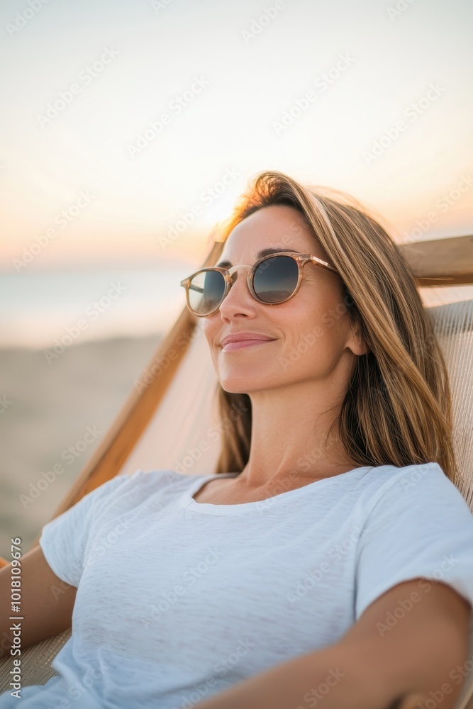 A woman reclining on a beach chair, enjoying the warm tropical sun and ocean breeze. Her smile and relaxed posture capture the essence of a serene vacation escape in a peaceful coastal setting. A woman reclining on a beach chair, enjoying the warm tropical sun and ocean breeze. Her smile and relaxed posture capture the essence of a serene vacation escape in a peaceful coastal setting.