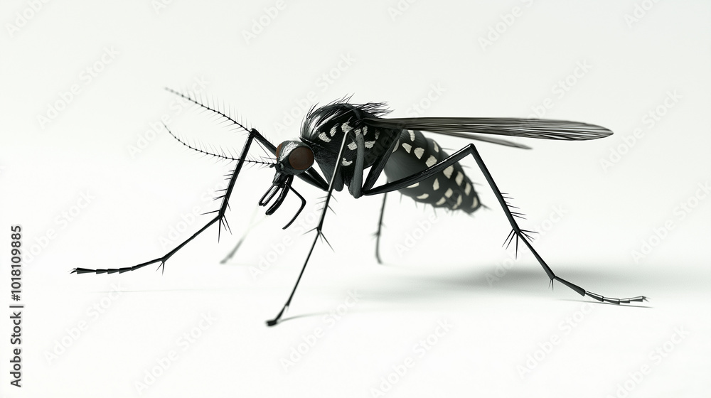 A black and white insect with white spots on its body. It is a mosquito. The insect is standing on a white surface A black and white insect with white spots on its body. It is a mosquito. The insect is standing on a white surface