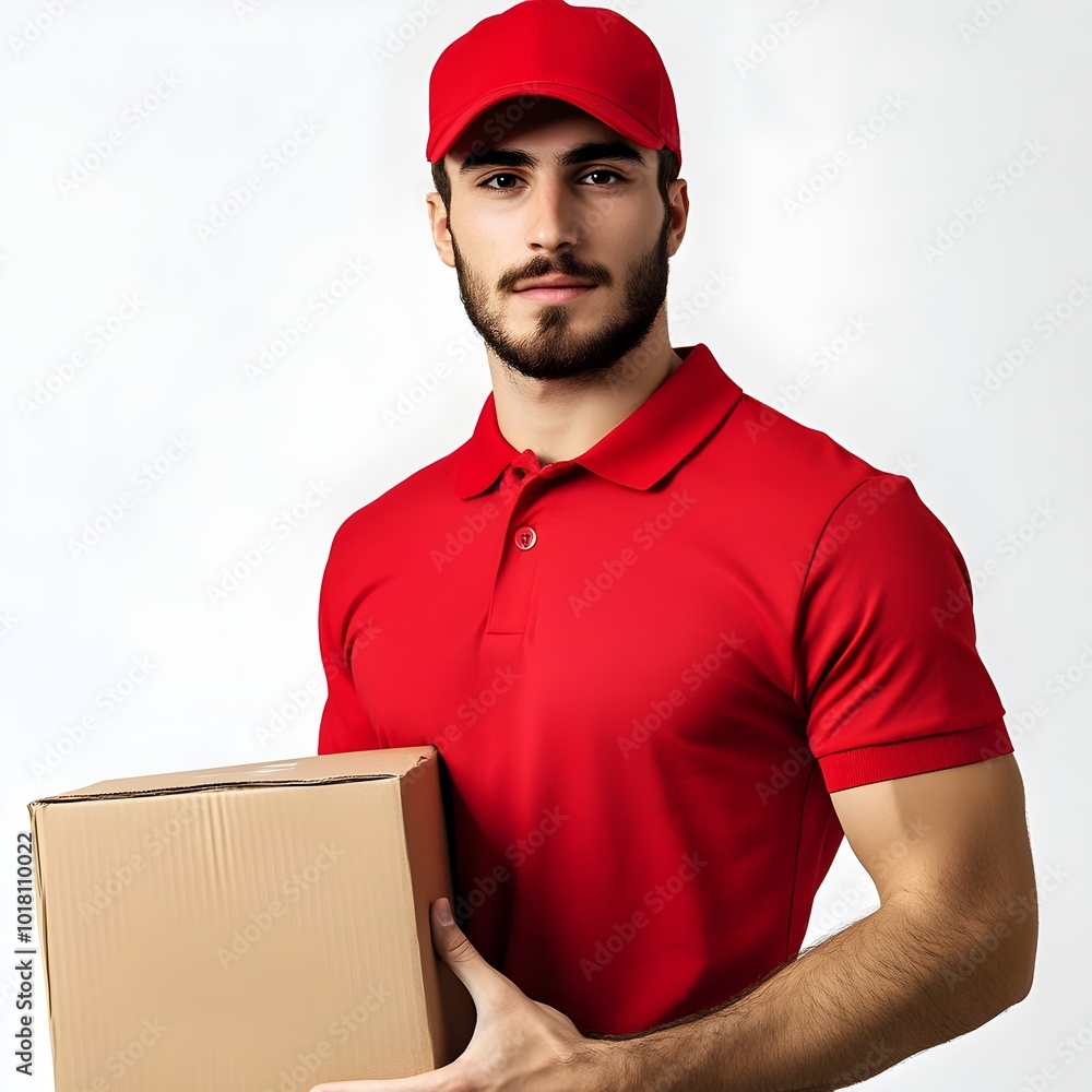 Young Male Delivery Worker in Red Uniform Holding Cardboard Box on White Background Young Male Delivery Worker in Red Uniform Holding Cardboard Box on White Background
