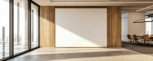 Modern office interior with large windows and blank wall for presentations. photo