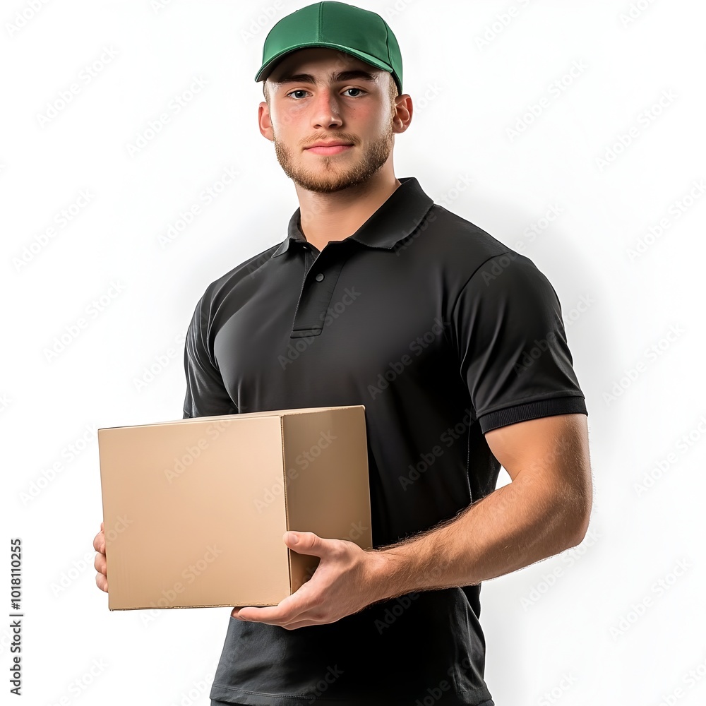 Delivery Worker in Green Cap Holding Carton Box on White Background Delivery Worker in Green Cap Holding Carton Box on White Background