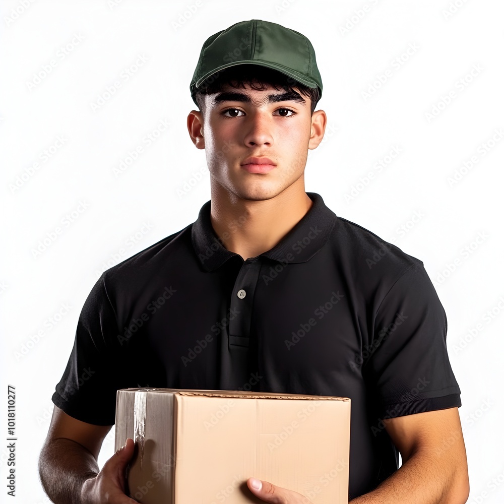 Handsome Young Delivery Man Holding Shipping Box in Professional Uniform