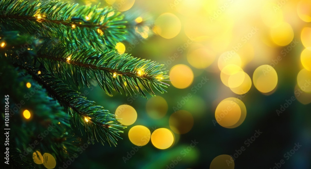 Christmas tree branches, illuminated with warm fairy lights, create a festive atmosphere Bokeh background adds a magical touch Perfect for holiday themes and celebrations Christmas tree branches, illuminated with warm fairy lights, create a festive atmosphere Bokeh background adds a magical touch Perfect for holiday themes and celebrations