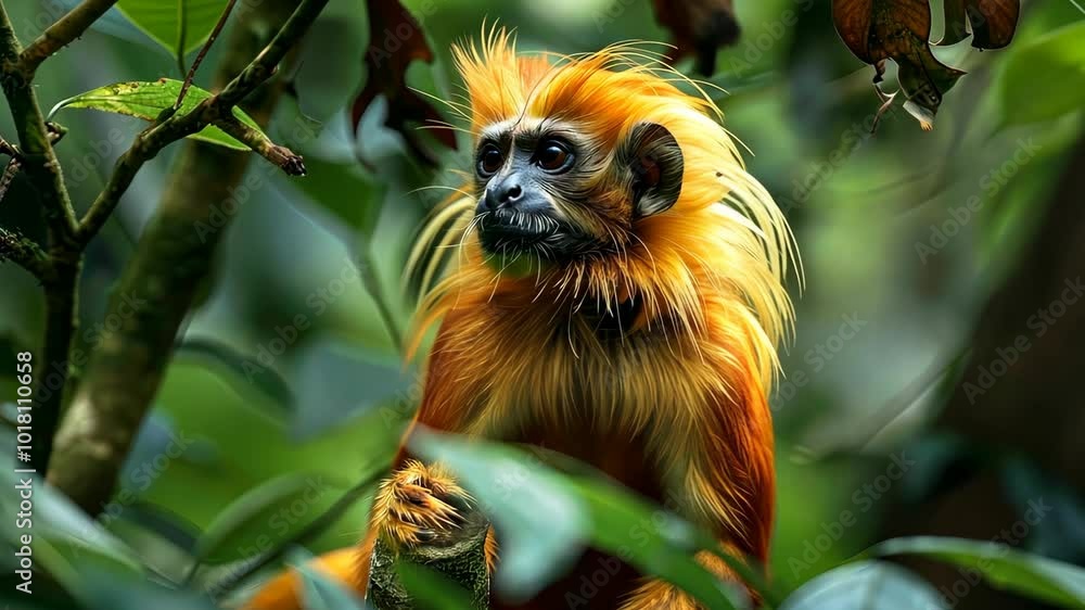 A golden lion tamarin sits in a tree in the Amazon rainforest A golden lion tamarin sits in a tree in the Amazon rainforest