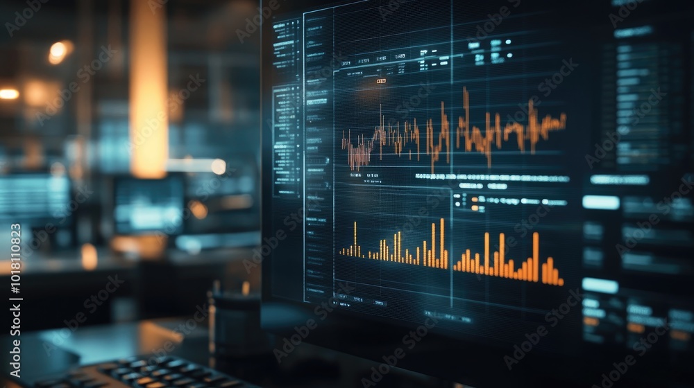 A detailed financial graph with multiple indicators, displayed on a computer screen with a blurred office background. A detailed financial graph with multiple indicators, displayed on a computer screen with a blurred office background.