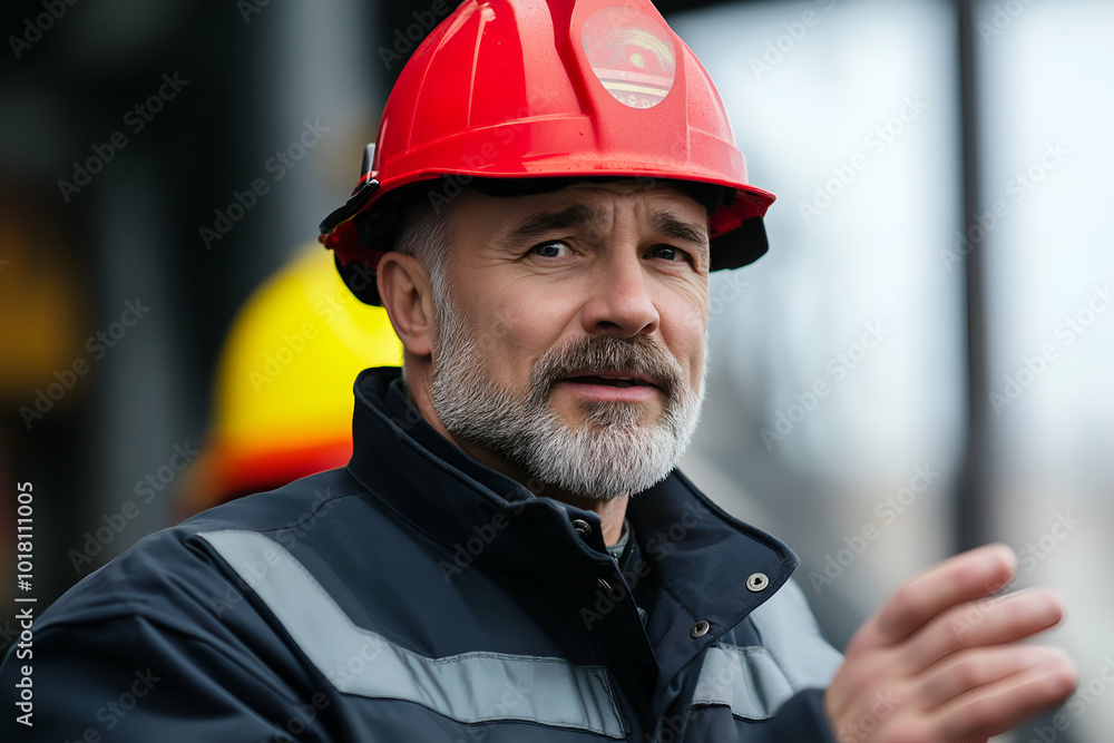 Experienced engineer in hardhat and blue jacket explains industrial process with passion, emphasizing safety at construction site, showcasing teamwork and leadership in manufacturing industry Experienced engineer in hardhat and blue jacket explains industrial process with passion, emphasizing safety at construction site, showcasing teamwork and leadership in manufacturing industry