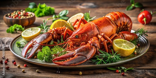 Artfully arranged lobster plate features rich hues and stunning details, ideal for culinary photography. This exquisite display invites appreciation photo