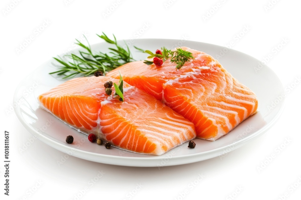 Plate with tasty salmon on white background - generative ai Plate with tasty salmon on white background - generative ai