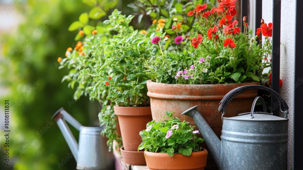 A detailed view of a balcony garden, highlighting a mix of herbs and flowers in rustic pots, with a watering can placed beside them. A detailed view of a balcony garden, highlighting a mix of herbs and flowers in rustic pots, with a watering can placed beside them.