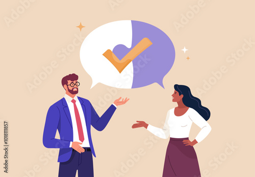 Business Discussion Concept. Vector cartoon illustration in flat style of man and woman talking to each other with big speech bubble-puzzle on top