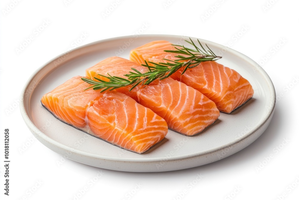 Plate with tasty salmon on white background - generative ai Plate with tasty salmon on white background - generative ai
