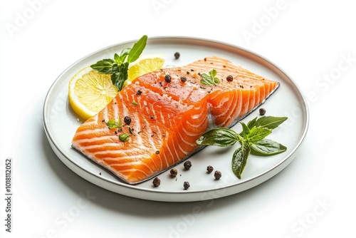 Plate with tasty salmon on white background - generative ai