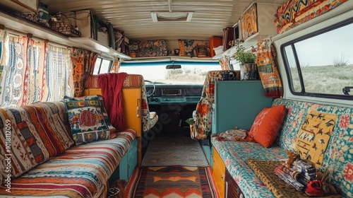 A retro 70s campervan interior with bold patterns
