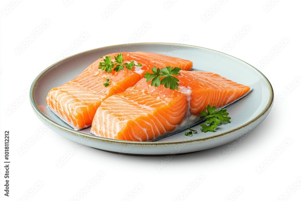 Plate with tasty salmon on white background - generative ai Plate with tasty salmon on white background - generative ai