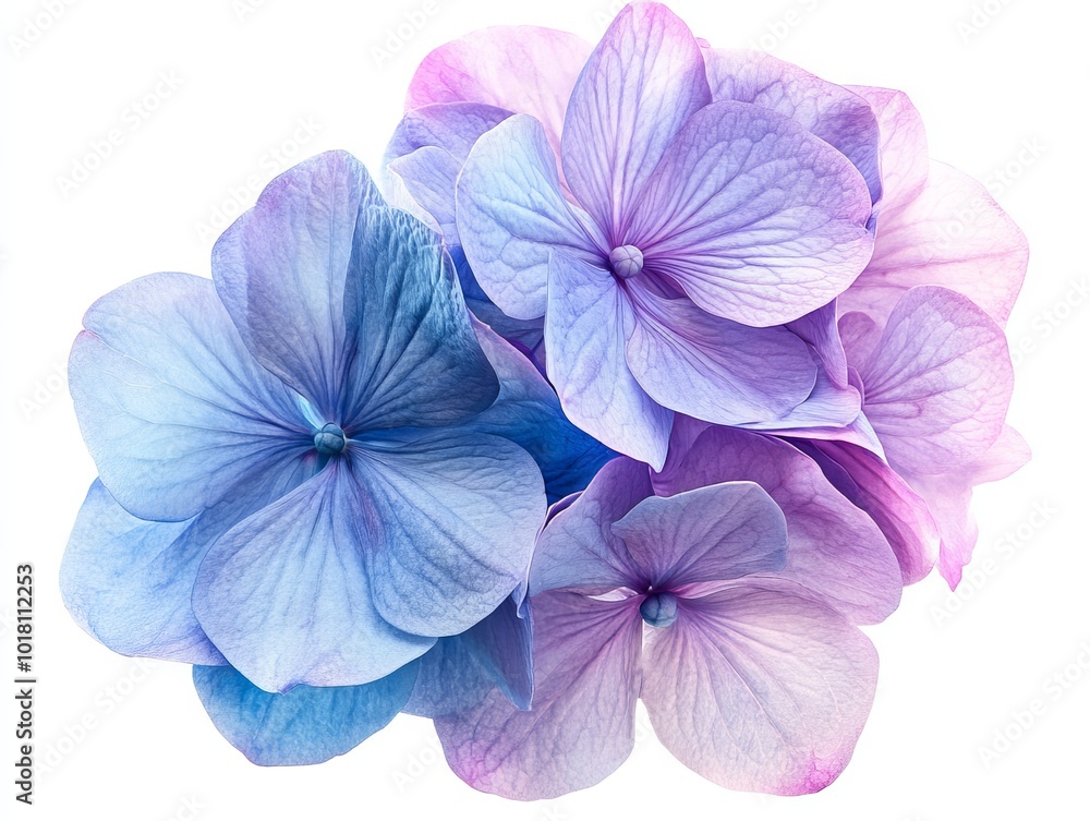 Obraz premium 2408 75.A vivid hydrangea flower, its petals blending from light blue to lavender, isolated on a white background. The intricate details of the flower's texture and shape are captured clearly, with a