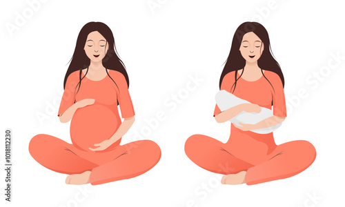 Woman in lotus pose with pregnancy and newborn baby
