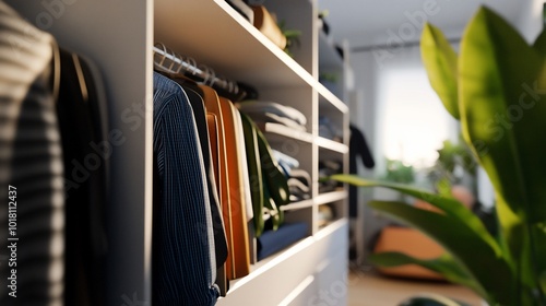 White closet shelves with clothes hanging on a rack, a plant in the background.