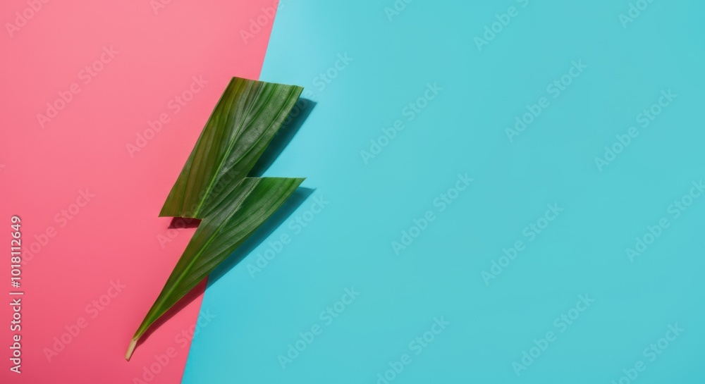 Obraz premium Green leaf shaped like lightning bolt on pink and blue background