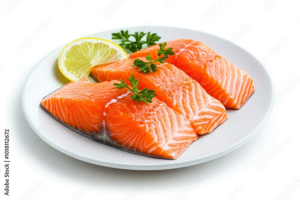 Plate with tasty salmon on white background - generative ai Plate with tasty salmon on white background - generative ai