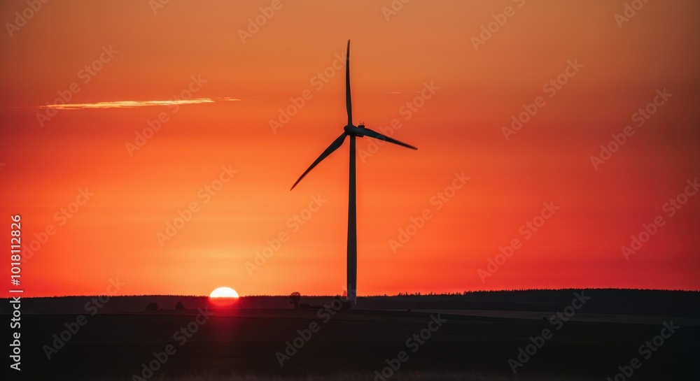 Obraz premium Wind turbine silhouette at sunset in rural landscape