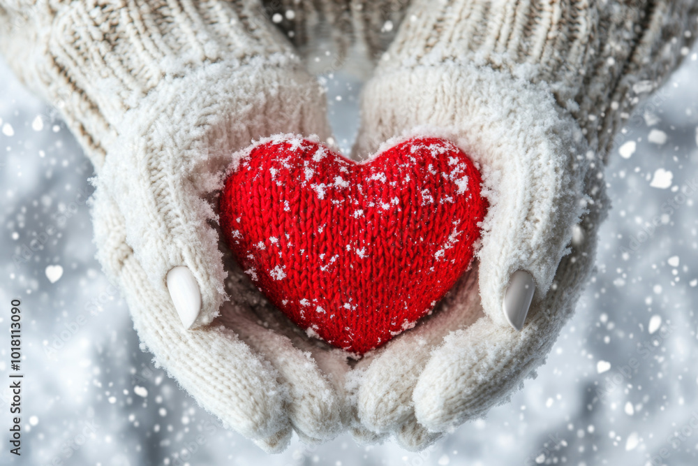 Fototapeta premium Red heart in woman's hands wearing white woolen mittens. Top view snow background. 