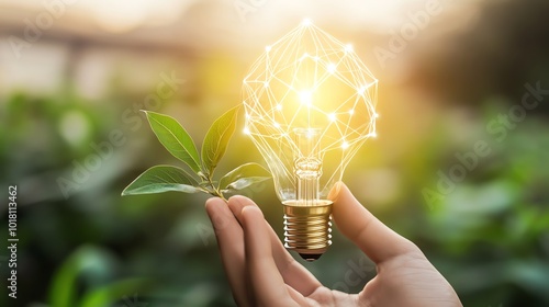 Hand holding lightbulb with leaf, green background.