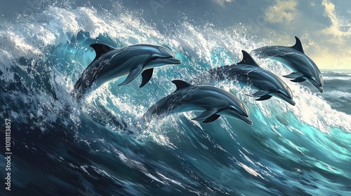 A group of dolphins riding the waves of a breaking wave, their sleek bodies cutting through the water effortlessly. photo