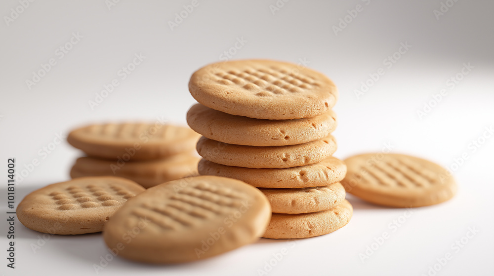 A stack of cookies on a white background. The cookies are all the same size and shape. They are piled on top of each other, creating a visually appealing and appetizing display A stack of cookies on a white background. The cookies are all the same size and shape. They are piled on top of each other, creating a visually appealing and appetizing display