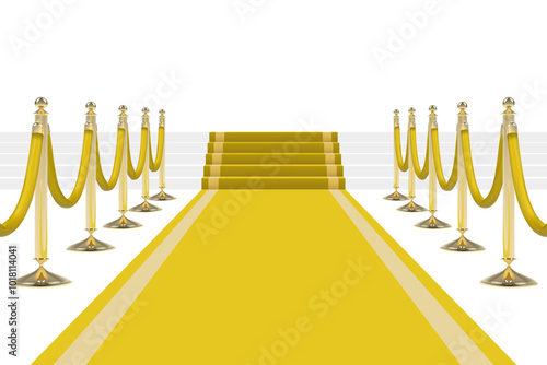 Yellow carpet with stairs, podium, yellow ropes and golden stanchions. PNG isolated on transparent background and vector illustration