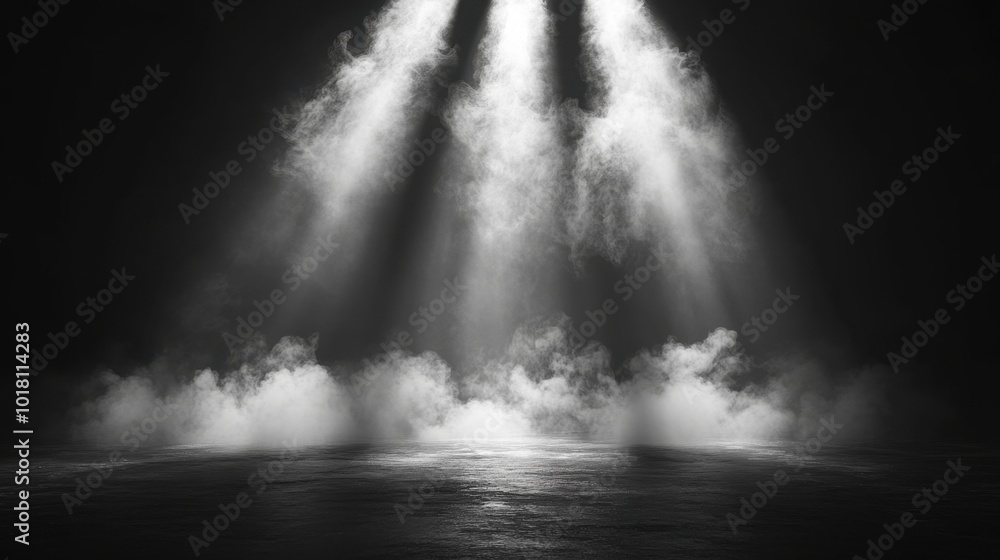 Dramatic Sun Rays Piercing Through Mist Over Water Dramatic Sun Rays Piercing Through Mist Over Water