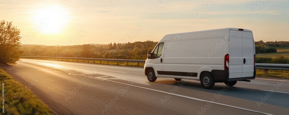 White delivery van driving on a highway at sunset with a clear sky. White delivery van driving on a highway at sunset with a clear sky.