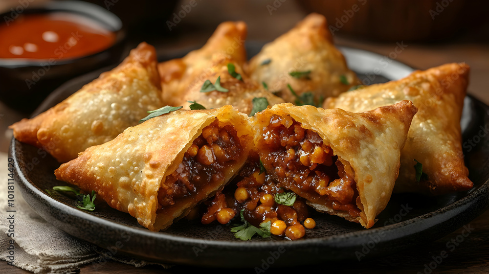 A plate of crispy samosas filled with spiced lentils and herbs. A plate of crispy samosas filled with spiced lentils and herbs.